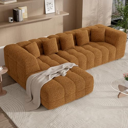 107" Boneless Couch with L - Shaped Chaise, Modern Chenille Modular Sectional Sofa with Tufted Design, Comfy Upholstered Sofa, No - Assembly Sectional Couch, Orange-Brown - color: Orange-brown