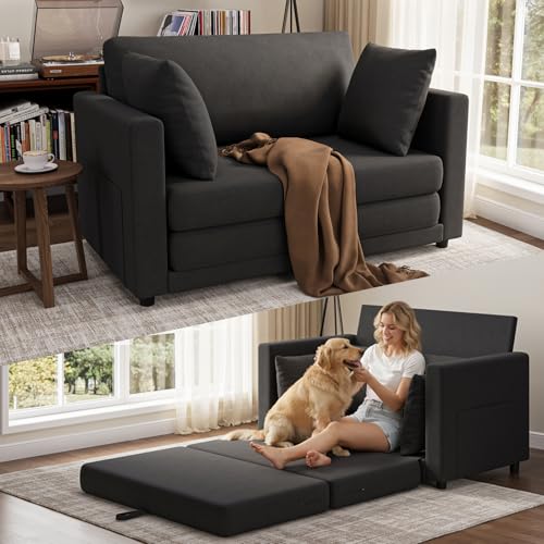 Convertible Loveseat Sofa Bed | Pull Out 78.7” Floor Couch Bed | Folding Sleeper Sofa Bed for Living Room, Apartment & Guest Room | Black - color: Black