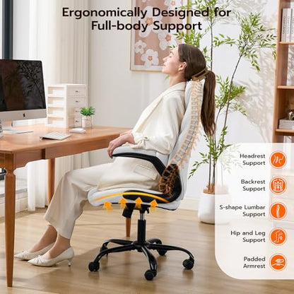 Ylzyxal Office Desk Chair, Ergonomic Computer Chair with Padded Flip-Up Arms and Adjustable Lumbar Support, PU Leather Executive Chair with Tilt Lock and 360° Swivel Rolling Wheels for Work, Study - color: White