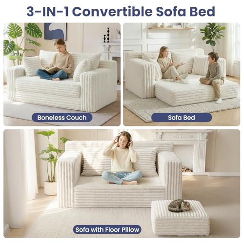 3-in-1 Convertible Sofa Bed: Boneless Loveseat Sleeper & Folding Couch Bed with 4 Pillows & Detachable Cushion,Furry Futon Couch for Bedroom,Apartment,Office and Living Room, No Assembly,Beige - color: D-beige, size: Loveseat Sofa