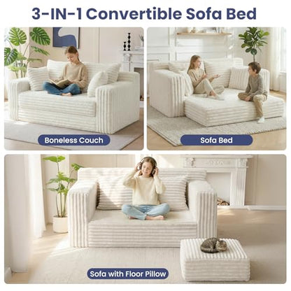 3-in-1 Convertible Sofa Bed: Boneless Loveseat Sleeper & Folding Couch Bed with 4 Pillows & Detachable Cushion,Furry Futon Couch for Bedroom,Apartment,Office and Living Room, No Assembly,Beige - color: D-beige, size: Loveseat Sofa