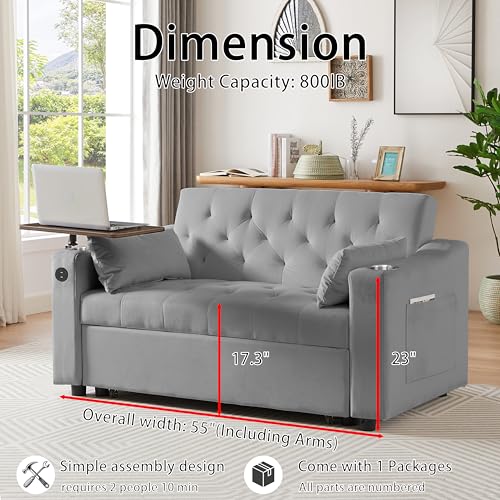 3-in-1 Convertible Sleeper Sofa Bed, Pullout Couch with 360° Swivel Side Table, Modern Chenille Fabric, Easy to Assemble, Folding Loveseat Sofa Bed for Living Room & Guest Room - color: Grey Sofa Bed