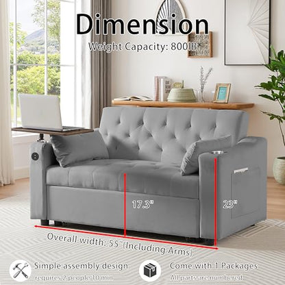 3-in-1 Convertible Sleeper Sofa Bed, Pullout Couch with 360° Swivel Side Table, Modern Chenille Fabric, Easy to Assemble, Folding Loveseat Sofa Bed for Living Room & Guest Room - color: Grey Sofa Bed