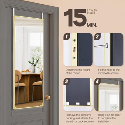 48"x14" Door Mirror, Rectangle Full Length Mirror, Over the Door Mirrors Full Length, Hanging Mirrors for Bedroom, Bathroom, Gold