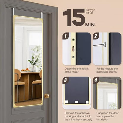 48"x14" Door Mirror, Rectangle Full Length Mirror, Over the Door Mirrors Full Length, Hanging Mirrors for Bedroom, Bathroom, Gold