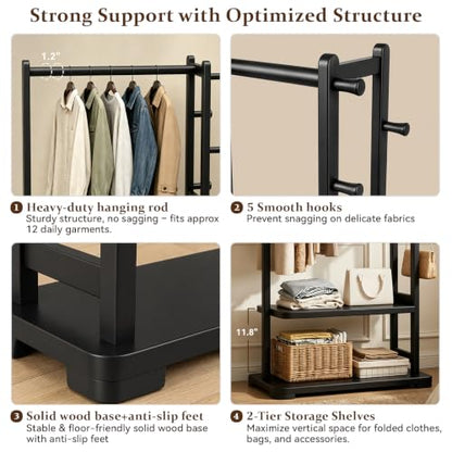 Solid Wood Clothes Rack with 2 Shelves & 4 Hooks for Hanging Clothes Garment Wallets Hats, Black Clothing Rack Heavy Duty Coat Rack Freestanding with Storage Hall Tree for Hallway Bedroom Living Room | Hallway bedroom living room, durable wood constructio