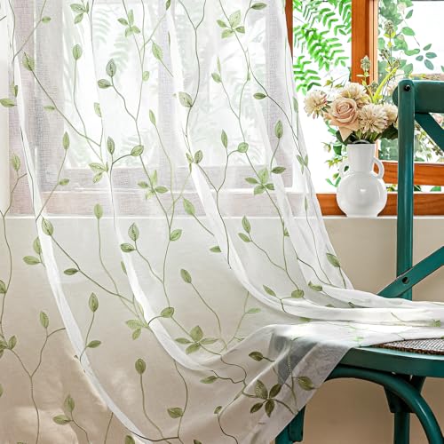 2 Panels Embroidered Leaf Pattern Semi Sheer Curtains Foliage Floral Voile Window Draperies Treatment for Bedroom Living Room Rod Pocket White Light Green 53 x 95 Inch