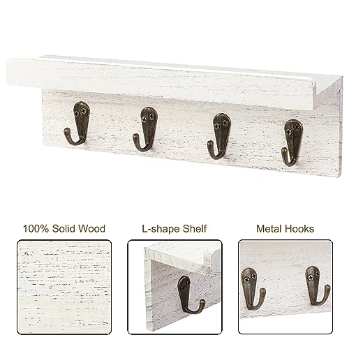 HRONRAD Rustic Key Holder for Wall, Farmhouse Wall Shelf with 4 Hooks, Wall Mounted Key Racks, Wooden Mail Organizer with Hooks for Entryway (White) - color: White