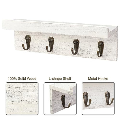 HRONRAD Rustic Key Holder for Wall, Farmhouse Wall Shelf with 4 Hooks, Wall Mounted Key Racks, Wooden Mail Organizer with Hooks for Entryway (White) - color: White