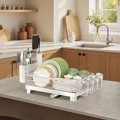 Runnatal Dish Drying Rack with Drainboard for Kitchen Counter and Sink | Large Dish Rack Rustproof Dish Drainer with Detachable 2-in-1 Utensil Holder, Extra Cup Holder, White - color: White, size: Standard