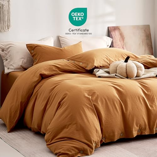 JELLYMONI 100% Washed Cotton Amber Orange Duvet Cover Full, Linen-Like | OEKO-TEX Certified, Soft, Breathable Percale Bedding with Natural Wrinkle Texture, Button Closure, 3-Piece Set, 80"x90" - color: 01- Amber Orange, size: Full(80"×90")