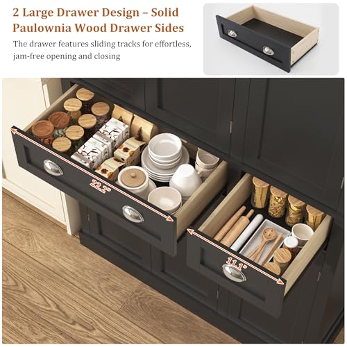 71"H Tall Kitchen Pantry Cabinet with LED Lights,39"W Modern Large Kitchen Hutch Cabinet w/6 Door Shelves,2 Large Drawer,Freestanding Food Pantry w/Adjustable Shelves for Kitchen,Dining Room,Black - color: Black
