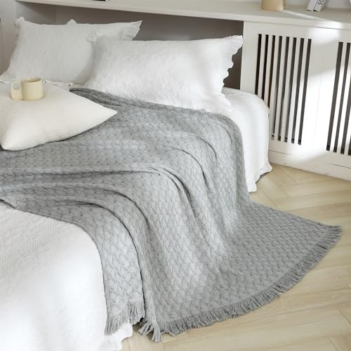 Simple&Opulence 100% Cotton Throw Blanket for Couch, Bed, Waffle Weave Knit Blanket with Tassels, Soft Lightweight Pre-Washed Breathable Comfy Blanket Farmhouse Decor for All-Season(Grey) - color: B-grey