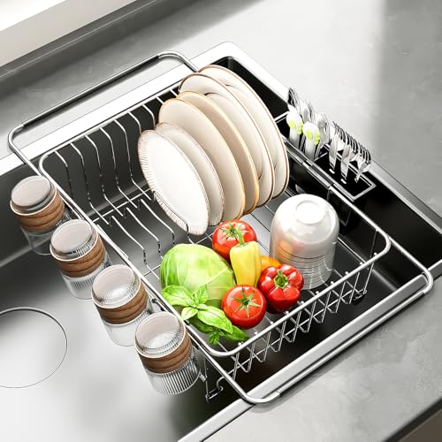 Expandable Over The Sink Dish Drying Rack - Adjustable Stainless Steel Dish Rack for Kitchen Counter or In-Sink, Heavy-Duty Rust-Proof Space Saving Drainer with Utensil Holder (15.5" to 23.2")