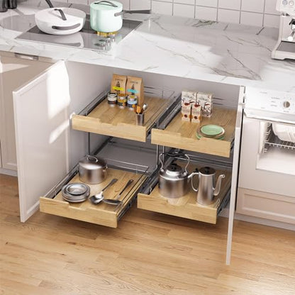 Sikarou Pull Out Cabinet Organizer,Heavy-Duty Slide Out Shelf, Wood and Wire Basket, Pull Out Drawer for for Kitchen Under Sink Space, Pantry, Bathroom, 2 Tie 11 * 21 in - size: 2-TIE 11*21 WM
