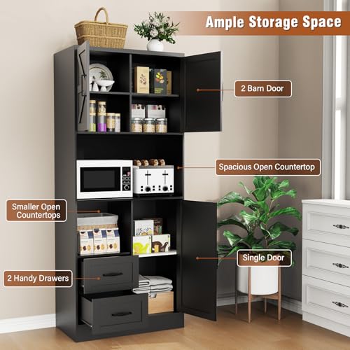 Farmhouse Kitchen Pantry Cabinet with LED Lights and Power Strip, Tall Kitchen Storage Cabinet, Kitchen Hutch with Microwave Stand & Barn Doors and Drawers for Dining Room - color: Black, style: Modern