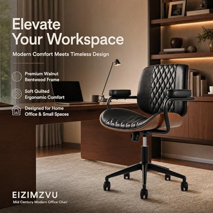 Home Office Desk Chair with Wheels, Armless Adjustable Height PU Leather Office Chair, Mid Back Ergonomic Computer Chair, Walnut Curved Seat Design No-Arm Chair (GX-9006-Armrests-Black) - color: Gx-9006-armrests-black