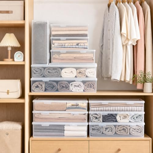 Clear Under Bed Storage Box with Lid, Low Profile Ultra Thin Plastic Storage Container, Stackable Flat Underbed Organizer for Clothes, Bedding, Toys, Shoes, 3 Sizes for Bedroom Dorm Apartment (Small)
