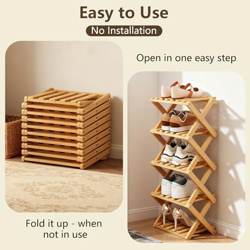 Bamboo Shoe Rack, Portable Folding Storage, No Installation, 5 Tier Stand | Free Standing, Space Saving Design, Easy To Move, Ideal For Entryway, Closet, Dorm - size: 5 Tier
