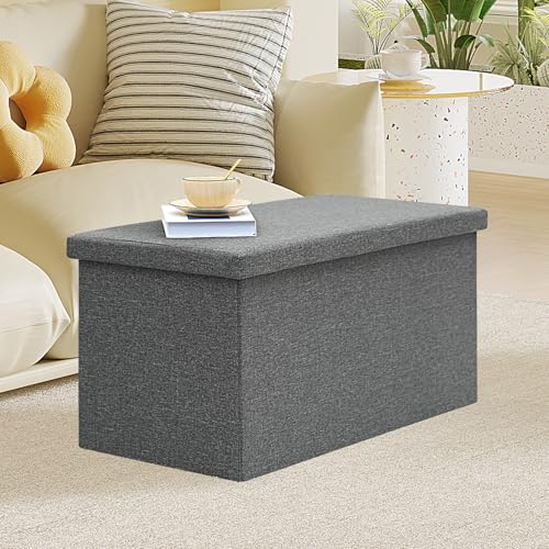 PINPLUS Folding Storage Ottoman Bench with Lid Tray, 30 inches Ottoman Coffee Table Grey Cube Chair Foot Rest Stool Storage Chest for Living Room Bedroom, Holds up to 550 lb - color: Grey