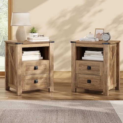 AMERLIFE Farmhouse Wood Nightstand Set of 2, End Table with Drawers, Brown | Narrow/Small 18" Bedside Table with Open Shelf, Wooden Night Stand for Bedroom/Home Office, Rustic Honey Brown - color: Honey Brown