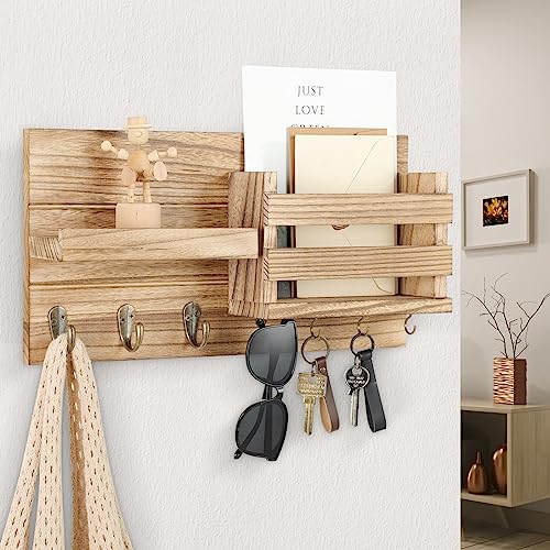 Lwenki Mail Organizer for Wall Mount – Key Holder with Shelf Includes Letter Holder and Hooks for Coats, Dog Leashes – Rustic Wood with Flush Mounting Hardware (16.5” x 8.7” x 3.5”) (Wood) - color: Wood