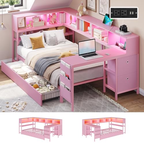 DICTAC Corner Twin Bed Frame with Desk,Charging Station and Bookcase Storage Pink Bed Frame for Girls with Storage Drawers and Led Lights Twin Size Daybed with Open Shelves,No Box Spring Needed - color: Pink, size: Twin