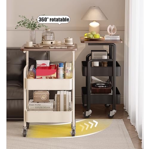 3-Tier Rolling Utility Cart with Drawers, Solid Wood Tabletop Metal Storage Cart, 360° Swivel Wheels & 2 Lockable Casters, Lightweight Mobile Organizer Trolley for Kitchen Living Room Bathroom - color: White.b