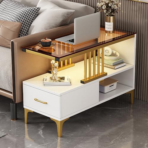 Coffee Table with Glass Tabletop,3-Tier Narrow End Tables,Nightstand Bedside Table Open Storage for Small Spaces,Living Room,Bedroom(90 * 30 cm/35.4 * 11.8 in, Teal)