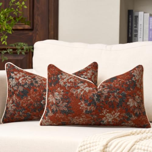 FANAMI Vintage Floral Lumbar Throw Pillow Covers 12x20 Set of 2 Boho Farmhouse Accent Pillowcase Neutral Modern Chenille Rectangle Decorative Cushion Covers for Couch Bed Living Room Home Decor, Rust - color: Rust, size: 20" x 12" (Pack of 2)
