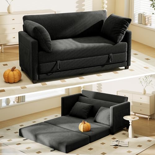 Myroyalsit 65" Convertible Loveseat Sofa Bed, 2-in-1 Folding Sofa Bed with 2 Pillow for Small Spaces, Modern Loveseat Sleeper Couch for Apartment, Living Room & Guest Room (Black Chenille, 65 inch) - color: Black Chenille, size: 65 inch