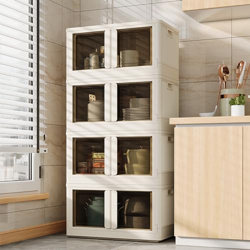FLEXIMOUNTS 304 QT Stackable Plastic Storage Bins With Lids, Milky White | Collapsible Foldable Storage Bins with Front Doors and Built-in Wheels, Organizers and Storage for Home, Dorm, 4 Pack Cubes - color: Milky White, size: 76 Qt-4 Pack
