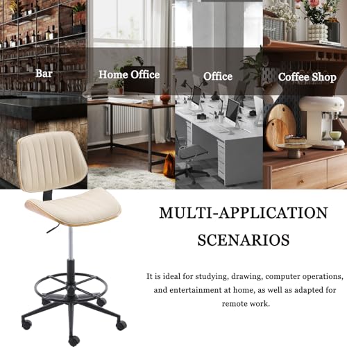 Drafting Chair for Standing Desk, Armless Tall Office Chair with Bentwood Backrest, Adjustable Height, Footrest Ring and Swivel Seat, PU Leather (Ivory) - color: Ivory