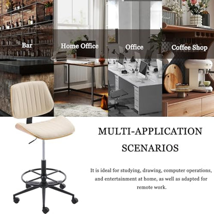 Drafting Chair for Standing Desk, Armless Tall Office Chair with Bentwood Backrest, Adjustable Height, Footrest Ring and Swivel Seat, PU Leather (Ivory) - color: Ivory