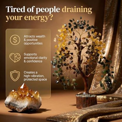 Money Wealth Crystal Tree of Life Set with Citrine, Pyrite, Tiger Eye, Green Aventurine, Chakra Healing Gemstone Trees for Prosperity, Success, Good Luck, Birthday Gifts for Women, Mom - color: Money Wealth Golden Wire