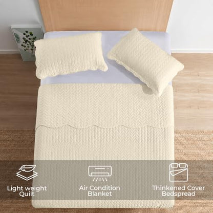 MOONLIGHT20015 Queen Quilt Bedding Set Size (90" x 96") + 2 Pillow Shams (20" x 26"+ 2") - 3 Pcs All Season Lightweight Reversible Microfiber Coverlet Embossed Quilt Bedspread (Cream) - color: Cream, size: Full/Queen