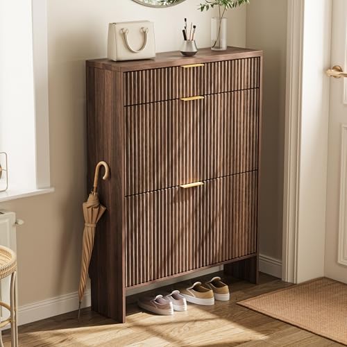 Fluted Shoe Cabinet Storage with 2 Flip Drawers & 1 Drawers, Wood Narrow Hidden Shoe Cabinet for Entryway, Freestanding Slim Shoe Rack Organizer for Foyer Hallway Living Room(Walnut) - color: Walnut, size: 3drawers
