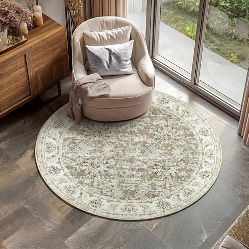 jinchan Round Rug 5ft Area Rugs Vintage Floral Distressed Design - Machine Washable Non-Slip Low-Pile Ultra-Thin Circle Rug for Entryway Bedside Living Room Dining Room Bedroom (5' Round,Taupe)