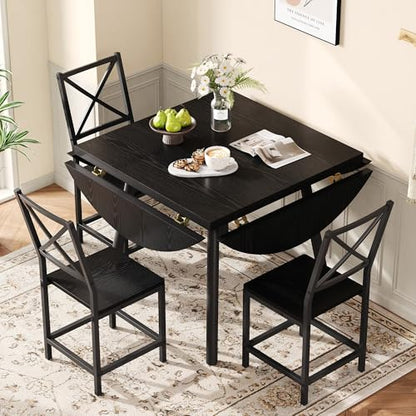 IRONCK Dining Table Set for 4, Round Kitchen Table and 4 Stool Chair for Dining Room, 44.5inch Drop Leaf Desk, Small Space Saving, Black