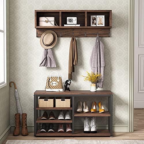 Tribesigns Industrial [Shoe] [Rack] [Bench] with Coat [Rack] Set with Hall Tree, 3 Storage Cubbies, 7 Hooks for Entryway, Hallway, 5-in-1Design, Rustic Brown - color: Rustic Brown