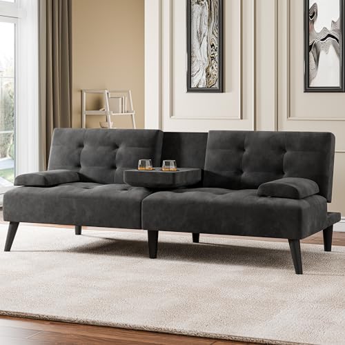 64" Futon Sofa Bed, Convertible Loveseat with 2 Cup Holders, Small Couch with 3 Adjustable Angles, Removable Armrests, Small Sofa for Apartment, 5.3 FT, Black - color: Black