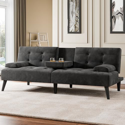 64" Futon Sofa Bed, Convertible Loveseat with 2 Cup Holders, Small Couch with 3 Adjustable Angles, Removable Armrests, Small Sofa for Apartment, 5.3 FT, Black - color: Black