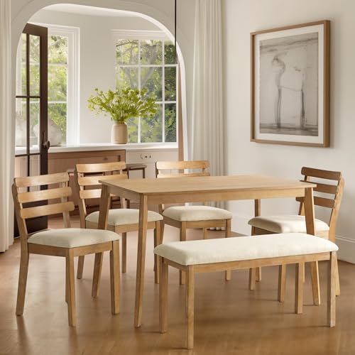 4-Piece Farmhouse Dining Set, Wooden Dining Table with 2 Chairs, Bench Seat | Upholstered Chairs and Bench, Mid-Century Modern Wooden Kitchen Table Set for Dining Room, Small Spaces, Rubberwood Legs - size: 1 Table With 2 Chairs+ 1 Bench