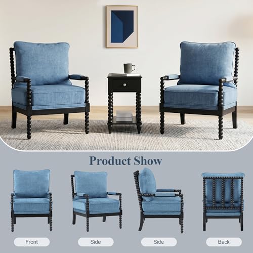 DUHOME Linen Fabric Spindle Accent Chairs Set of 2 with Wood Frame,Modern Accent Spool Chairs with Padded Spring Seat and Brushed Blue Base for Living Room Bedroom Farmhouse Home Office Belcony - color: Black+blue, size: 2 pcs