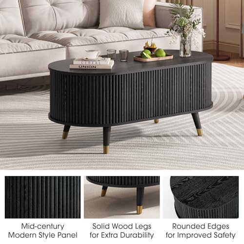 SULIVES Oval Coffee Table with Storage,Multifunctional Lift Top Drum Coffee Table, Small Fluted Center Table for Living Room, Black - color: Black_oval