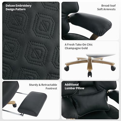 EXCEBET Big and Tall Executive Office Chair with Footrest, 400LBS Capacity Ergonomic High-Back Desk Office Chair with Lumbar Support, Padded Armrests & Thick Cushion, Black PU Leather Chairs - color: Black