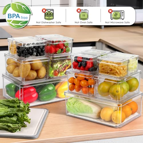 14Pack Fridge Organizer, Stackable Refrigerator Organizer Bins with Lids | BPA-Free Clear Plastic Storage Containers For Kitchen Cabinets, Fridge, Drinks, Fruits, Vegetables, Cereals, Counter Storage - size: 14-PACK