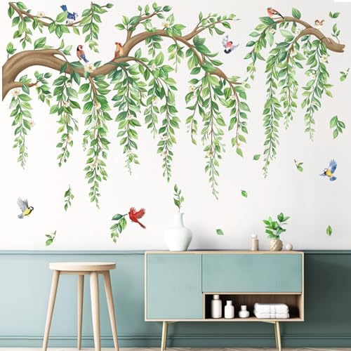 wondever Tree Branch Wall Decals Hanging Green Leaves Wall Stickers (XL) | Peel and Stick, Removable, Wall Art Decals, Wall Decoration, Living Room Bedroom, Office Sofa TV Home Wall Decor