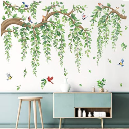 wondever Tree Branch Wall Decals Hanging Green Leaves Wall Stickers (XL) | Peel and Stick, Removable, Wall Art Decals, Wall Decoration, Living Room Bedroom, Office Sofa TV Home Wall Decor