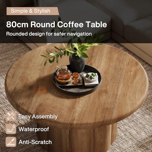 Tribesigns 31.5" Round Coffee Table for Living Room, Farmhouse Circle Center Cocktail Table with Fluted Drum Base, Wooden Living Room Furniture for Apartment, Small Space, Brown